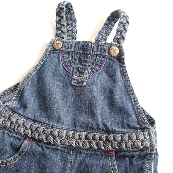 OSHKOSH Girls 2t denim shortalls bib overalls with braided trim - Picture 2 of 6